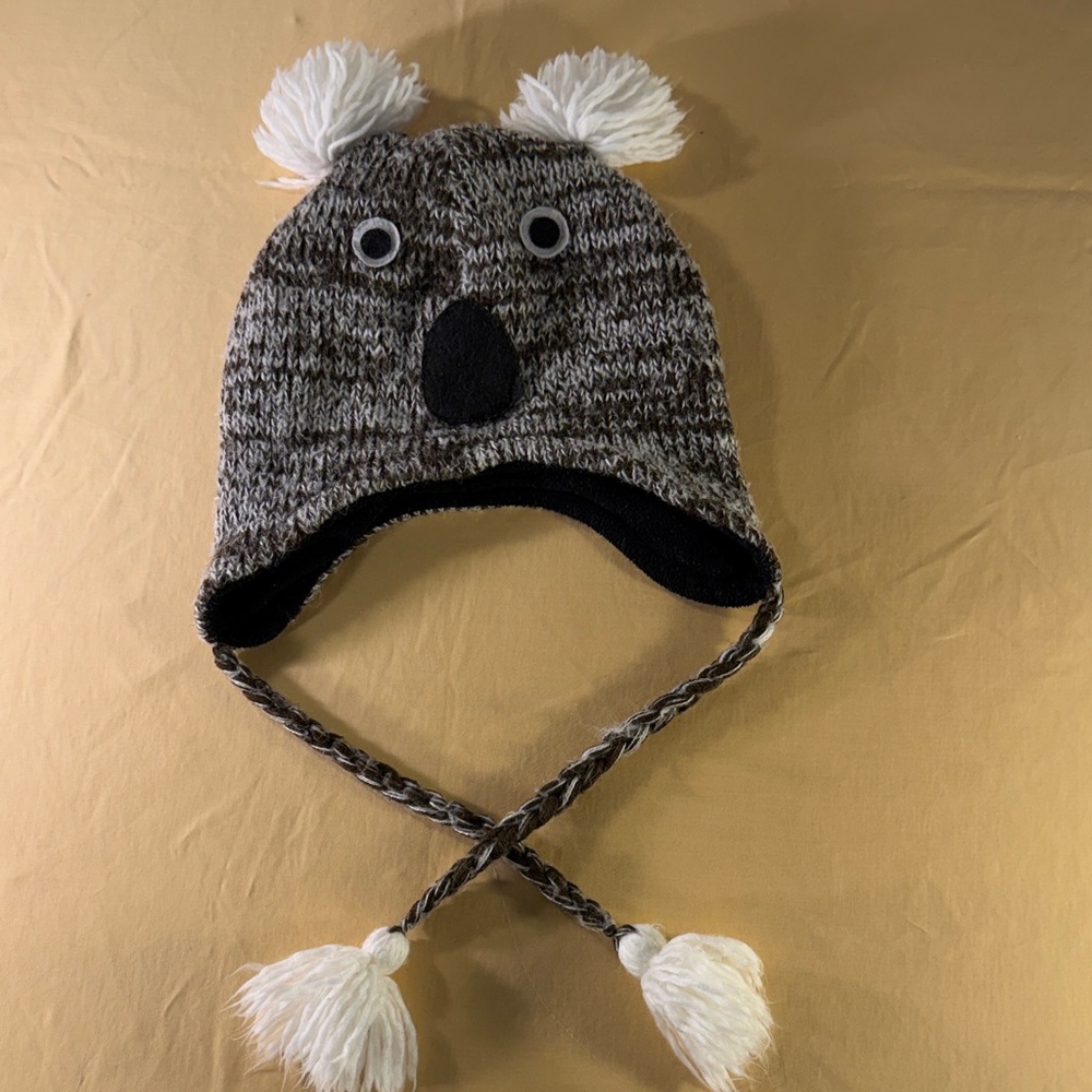 Koala bear animal cap with ear flaps and pom-pom ears adult size